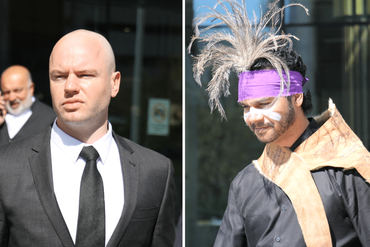 Two photos of two men outside court