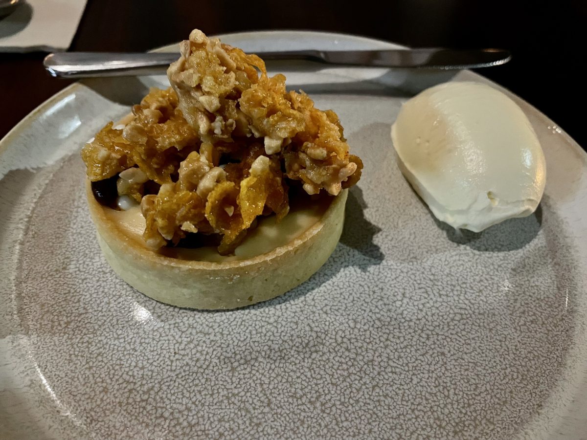 white chocolate and miso tart with cornflake crumb