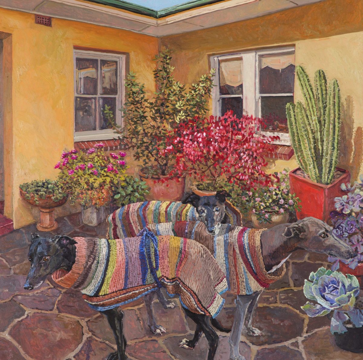 painting of dogs in courtyard