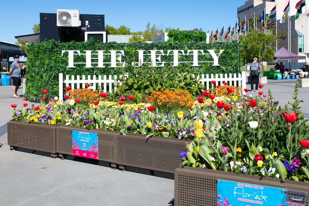 The Jetty entrance - large lettering and floral planters