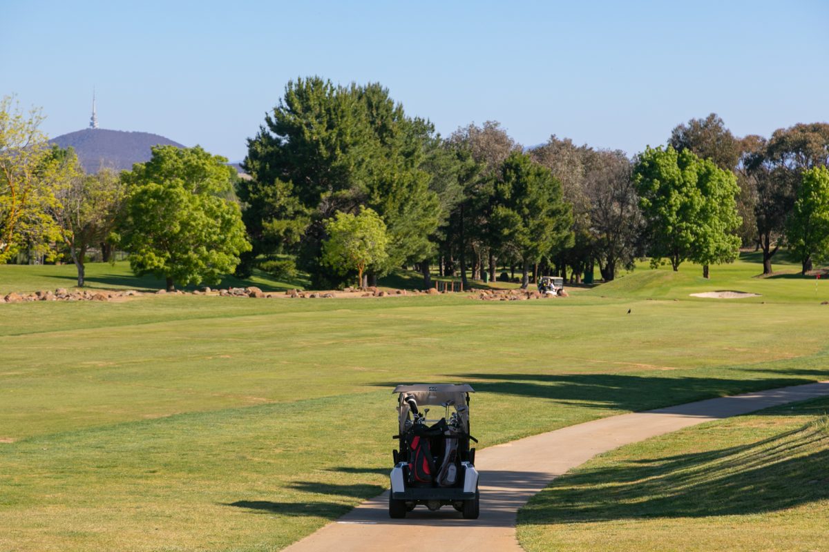 gold cart driving through gold creek golf course landscape