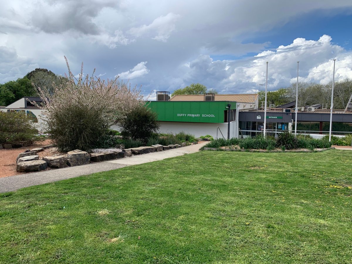 Duffy Primary School's front lawn.