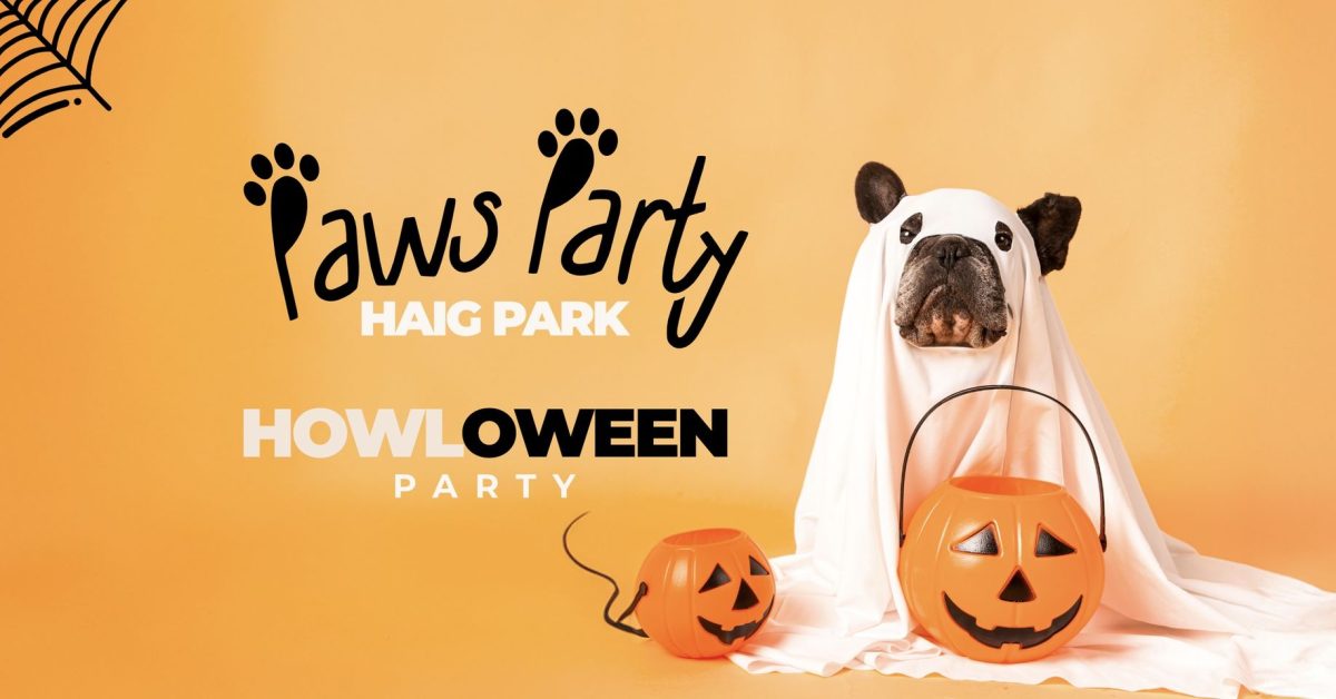 A poster for the event with a dog in a white sheet ghost costume, and pumpkins around the dog