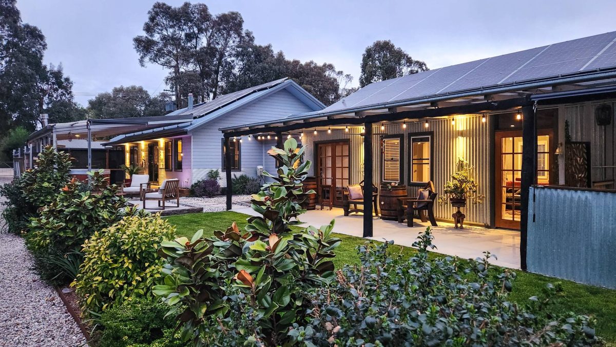 front view of house at dusk