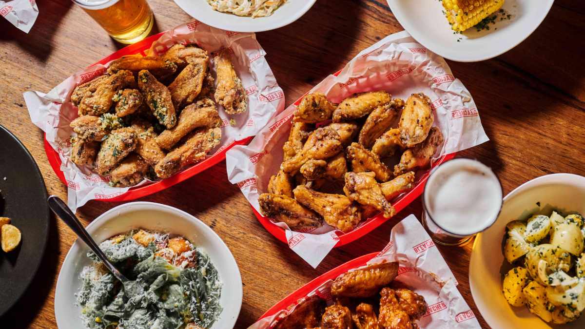 Food in baskets and bowls on a table