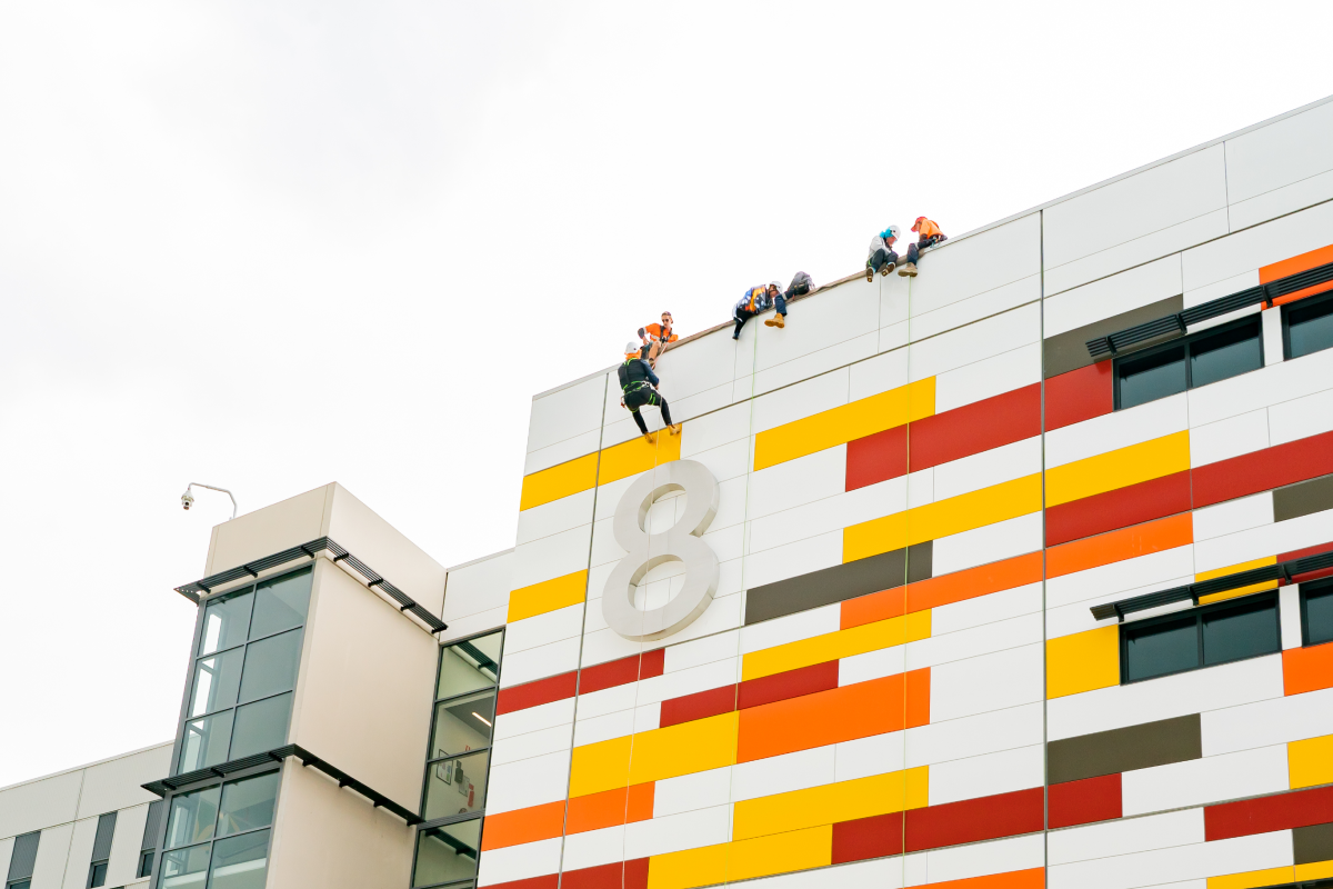 people abseiling off a building