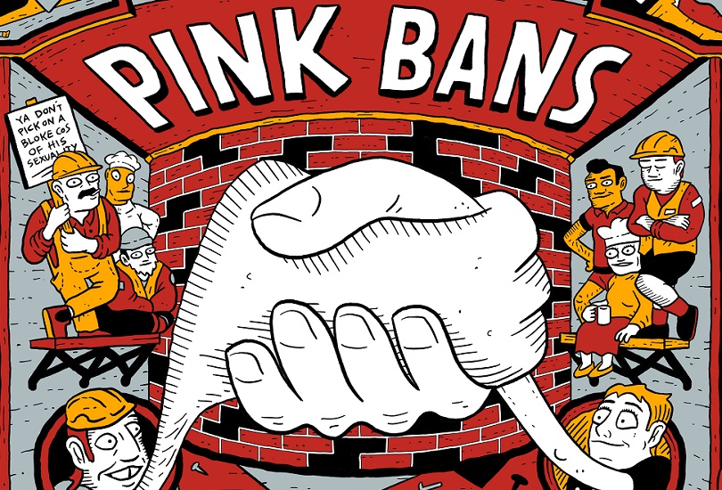 A cartoon of two people shaking hands with very large hands, the words 'Pink Bans' running across the top. 