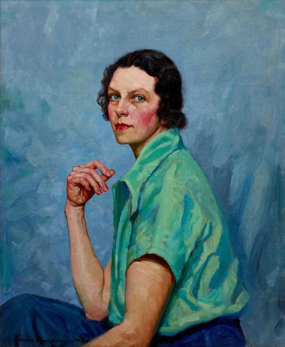 A painting of a woman in a turquoise shirt, with denim pants, and a blue background behind her