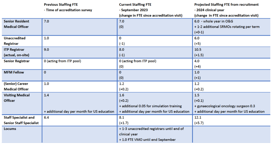 table outlining obstetrics and gynaecology medical staffing, September 2023 