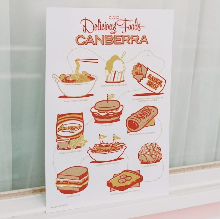Poster reading 'Gold St. Guide to Delicious Foods of Canberra' with yellow and red drawings of different food.