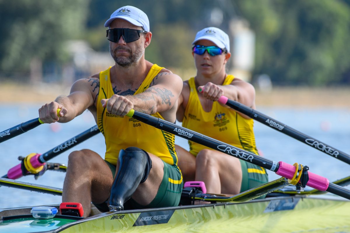 Nikki Ayres and Jed Altschwager winning gold at this year's World Rowing titles in Belgrade. Photo: Supplied.