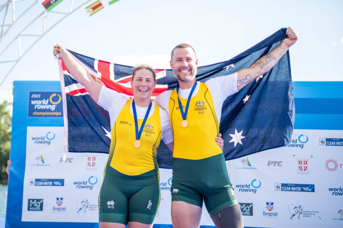 Nikki Ayres and Jed Altschwager enjoying winning gold at the World Rowing Championships. Photo: Supplied.