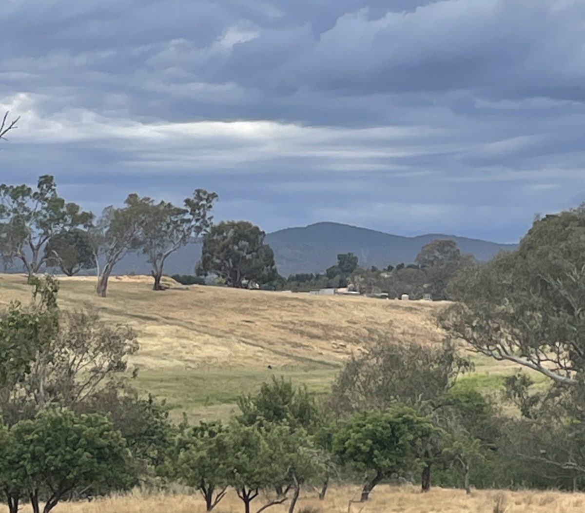 Rural scene of dsrk clouds hanging over paddocks and brown hills