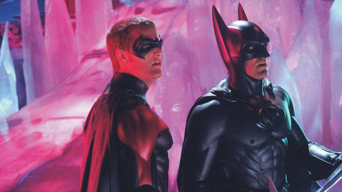 Batman and Robin in their suits in the 1997 film.