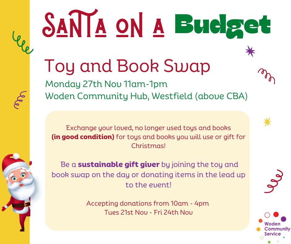 santa on a budget book and toy swap event poster