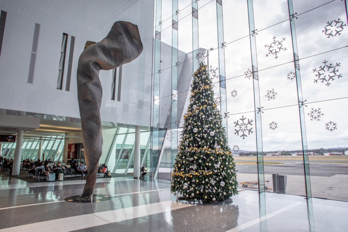 Canberra Airport concourse with Christmas tree