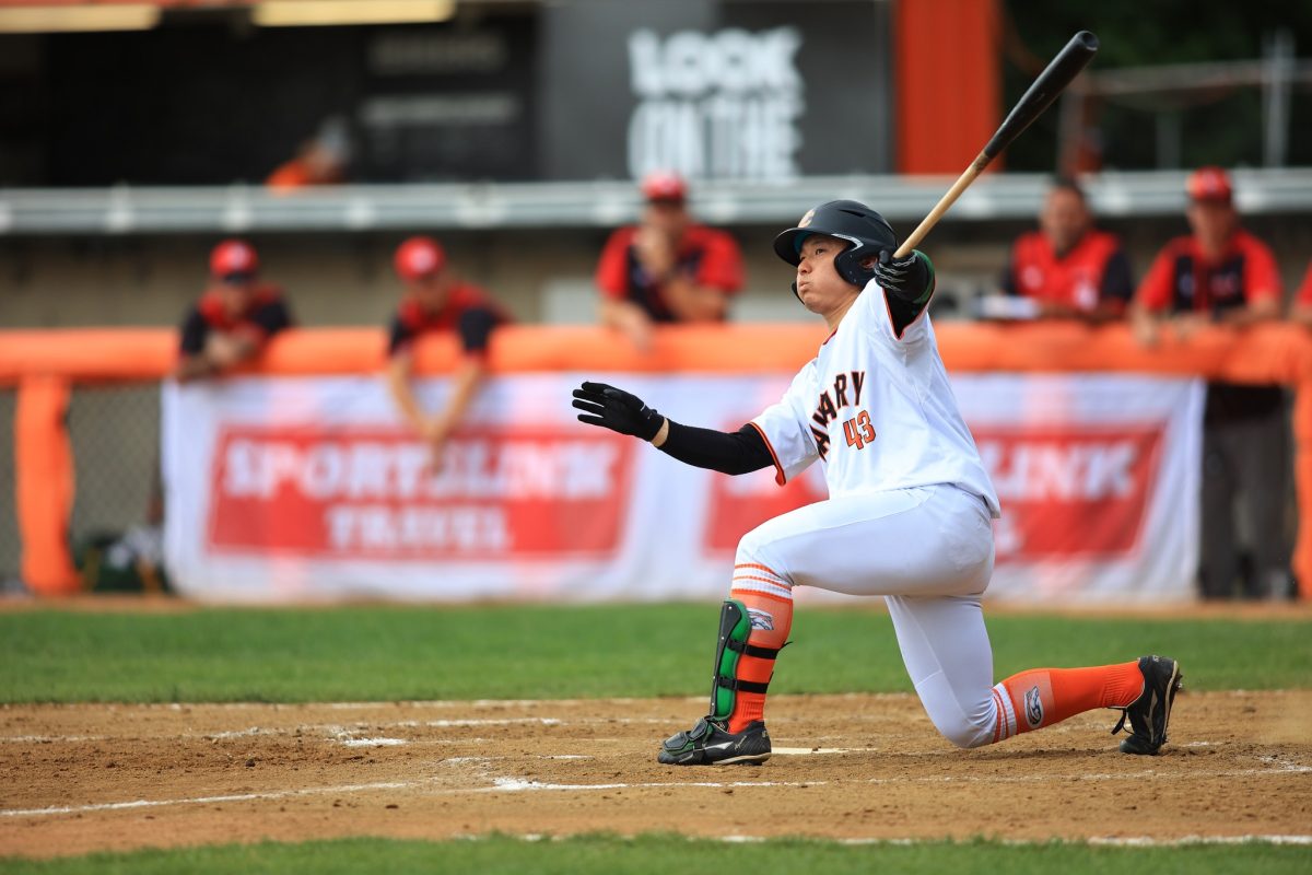 A baseball player on one knee with the bat