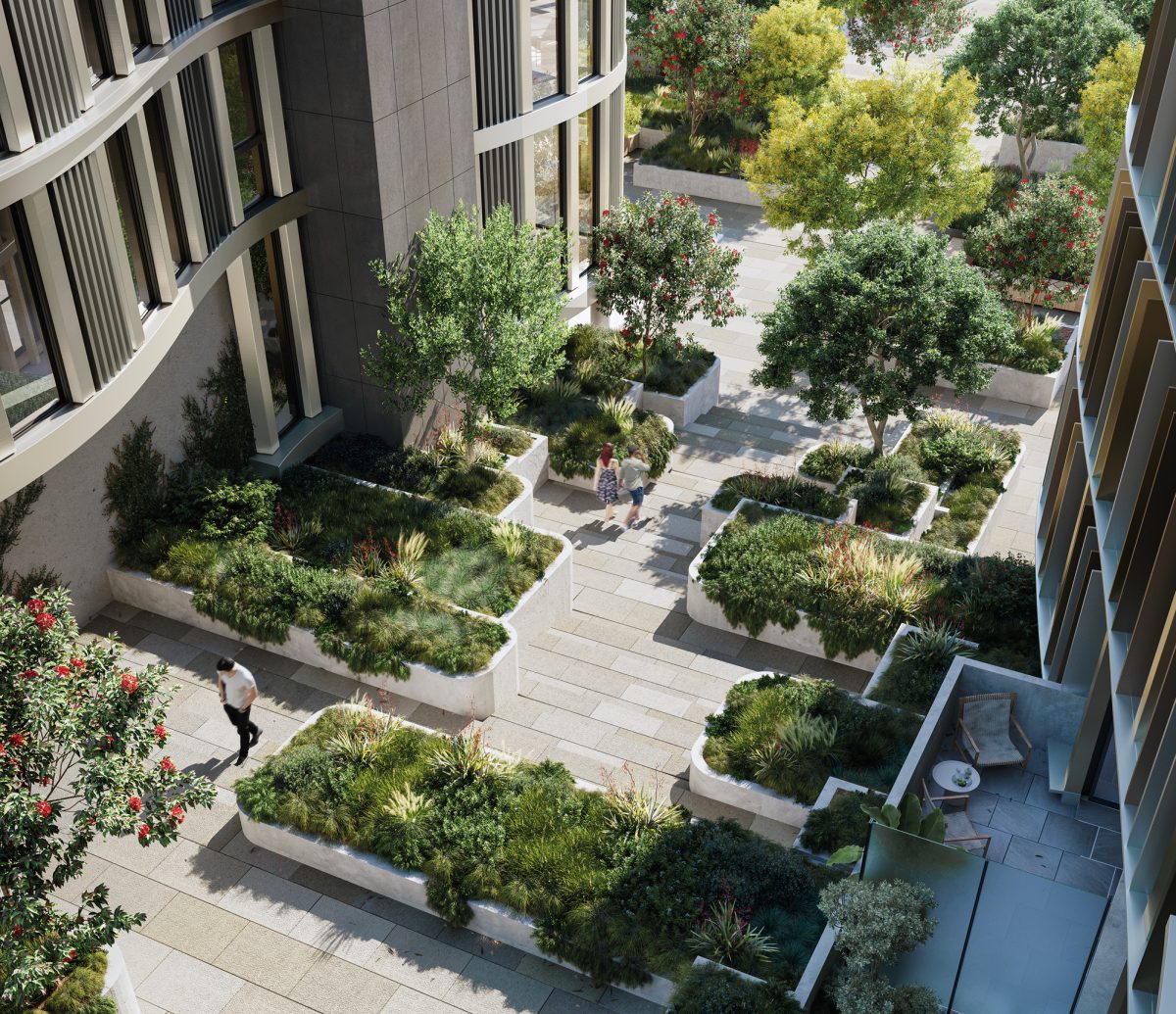 Digital rendering of a walkway at The Grande in Canberra