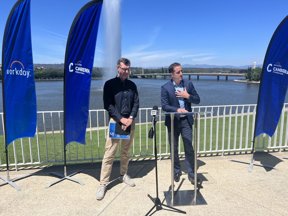 Workday Canberra International tournament director Lawrence Robertson (left) and Tennis ACT CEO Mark La Brooy (right) at the announcement of the field for the 2024 event. Photo: Tim Gavel.