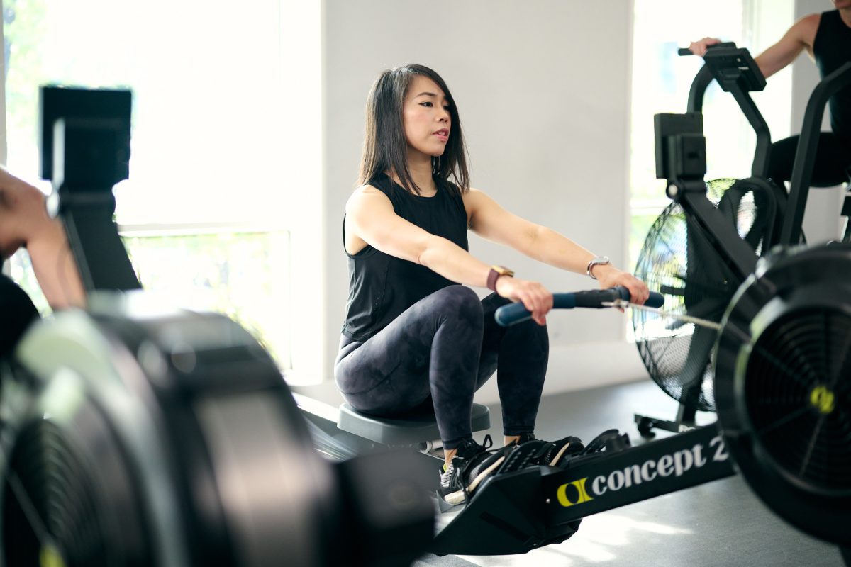 Angela Cheng using rowing machine