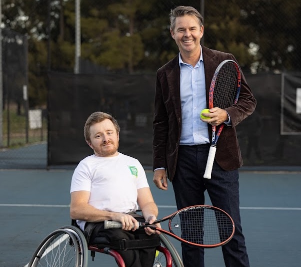 Local wheelchair player Matt Leggett alongside former Australian tennis player Todd Woodbridge at the All Abilities Hub
