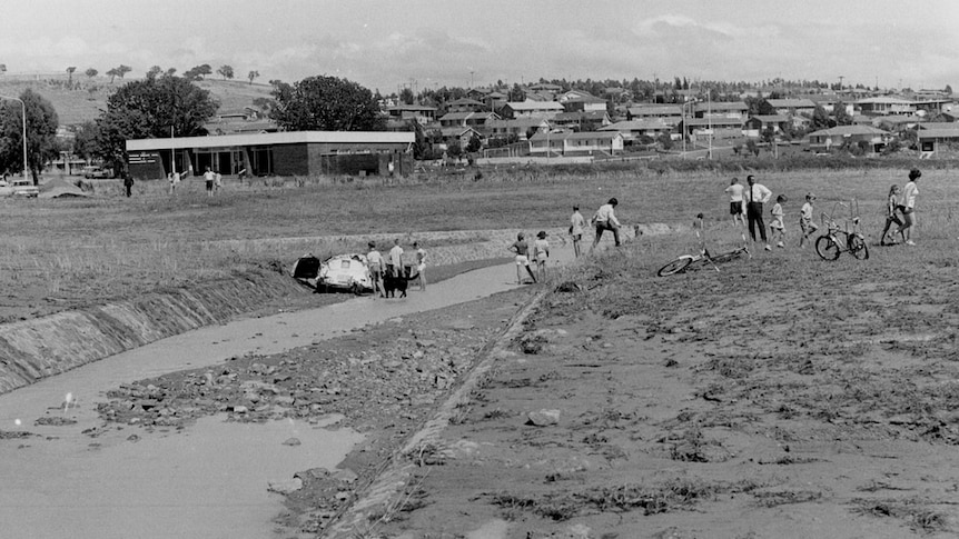 black and white photograph of flood damage in Woden