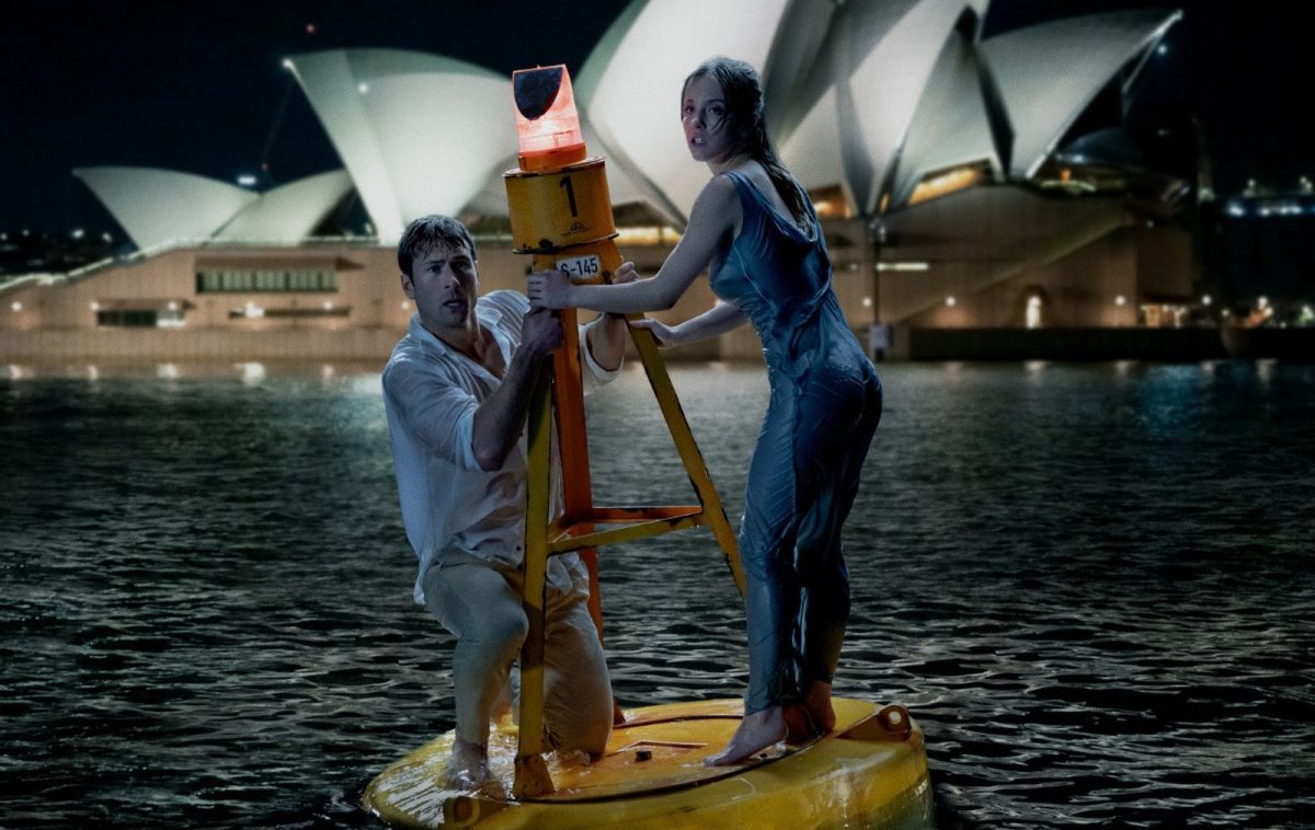 still from a movie in whic two actors are on a bouy on Sydney Harbour