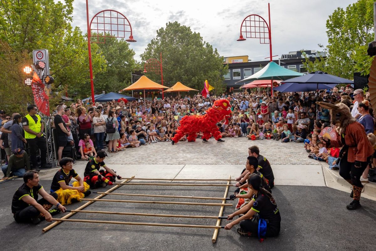 Performers wiht bamboo poles and traditional lion costume in front of large crowd.