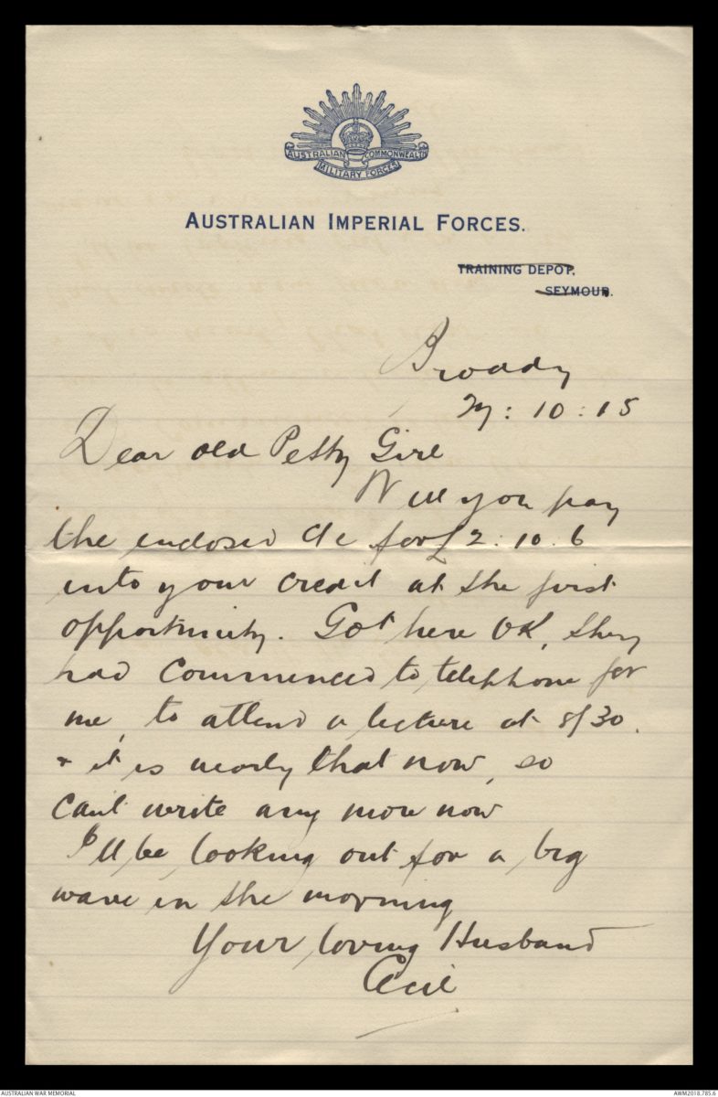 Handwritten letter on Australian Imperial Force letterhead, adted 1915