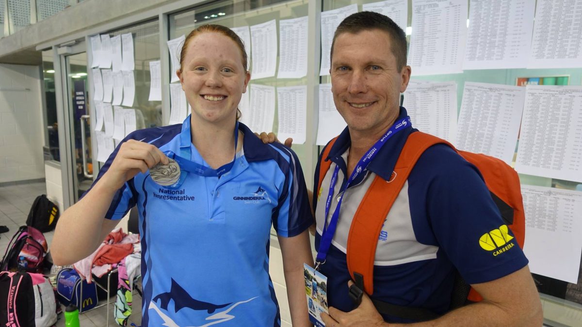 Shannon Rollason with ACT Performance Centre swimmer Kayla Harding in 2019. Photo: Swimming NSW Facebook.