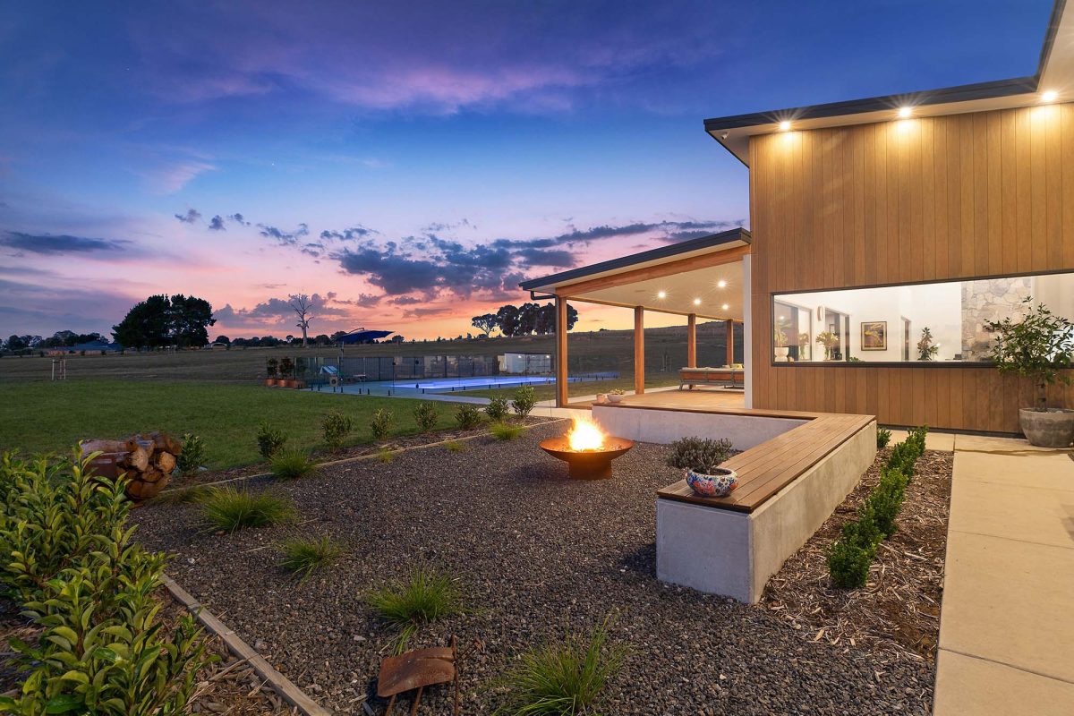 Backyard with pool and firepit