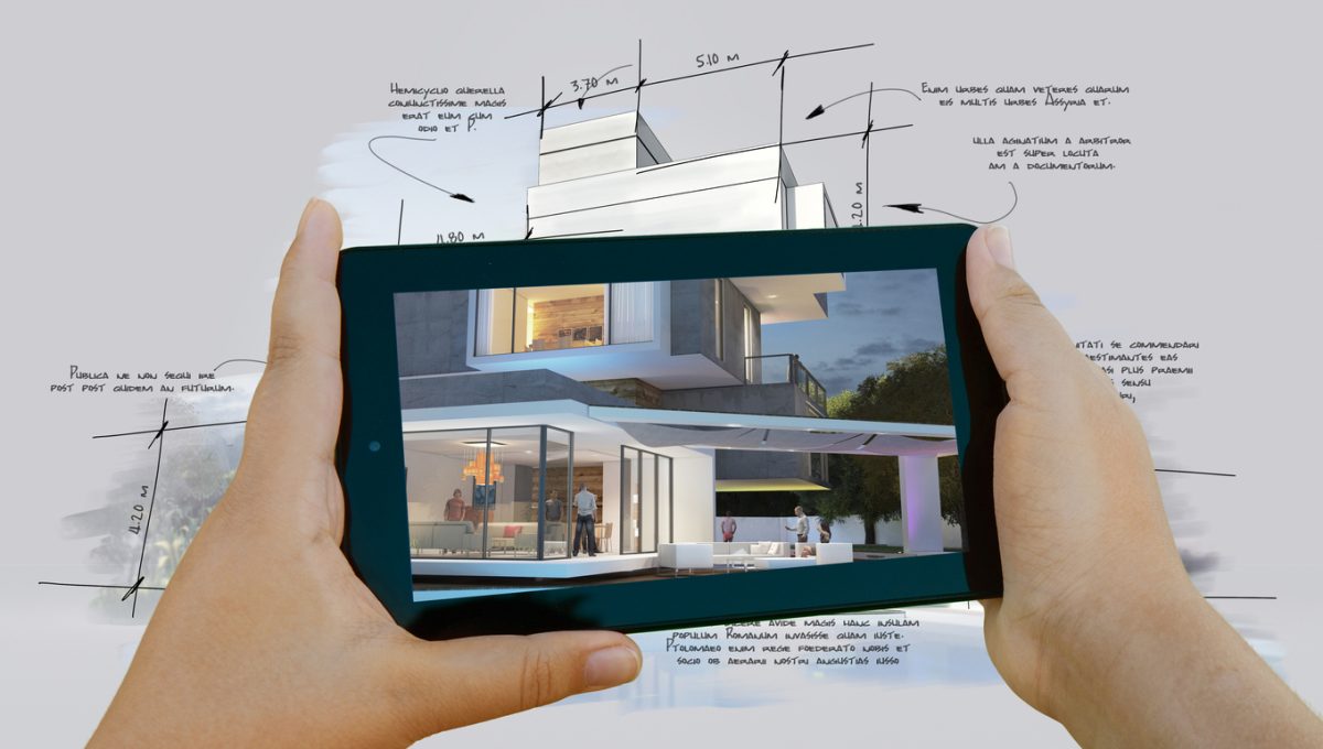 3D rendering of a hand draw architecture project with a tablet showing the finished house