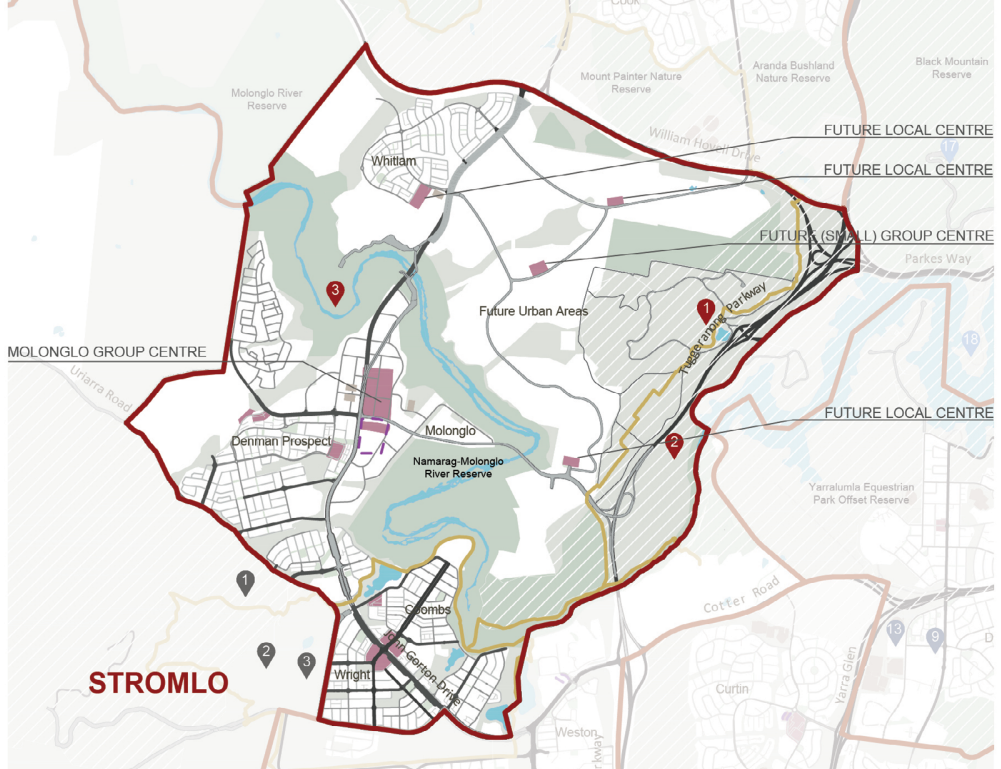 A map of the Molonglo Valley showing planned development, including new roads.