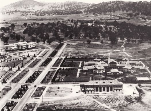 Aerial view of early city of Canberra