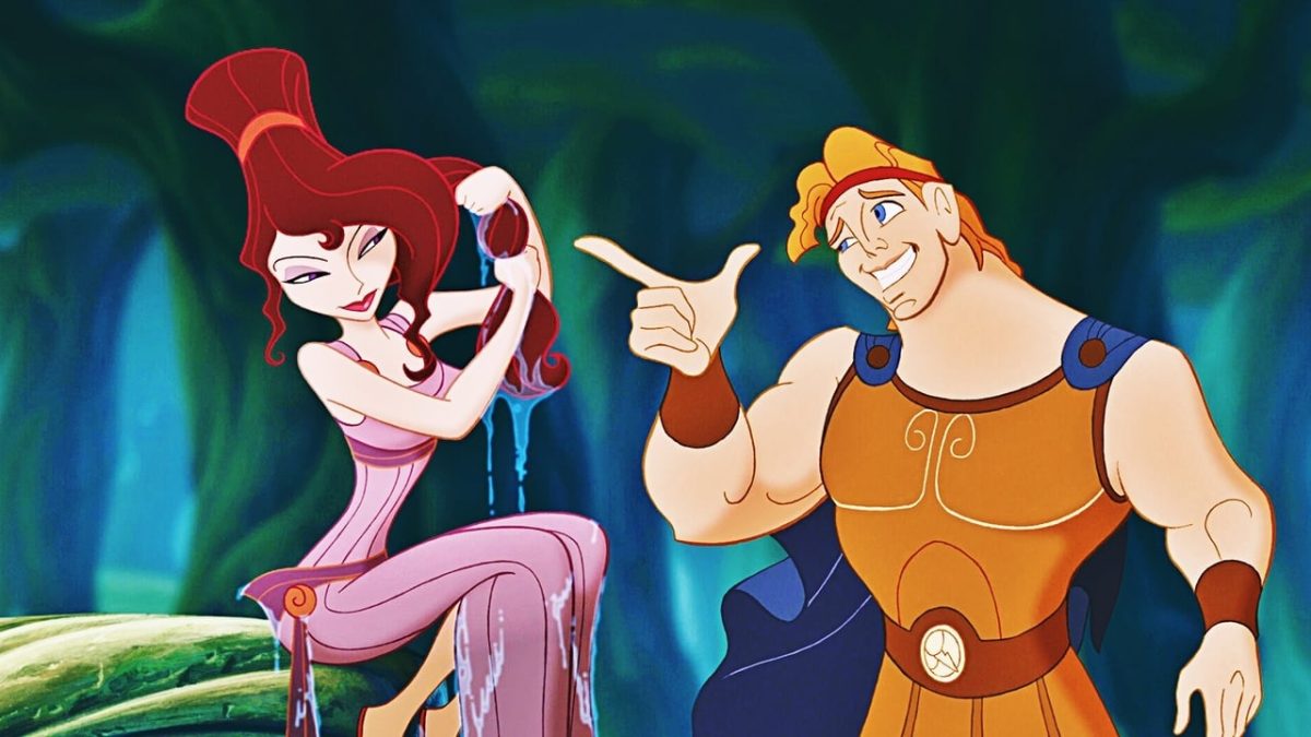 Animated still from Hercules showing a man pointing at a woman who is wringing water out of her hair