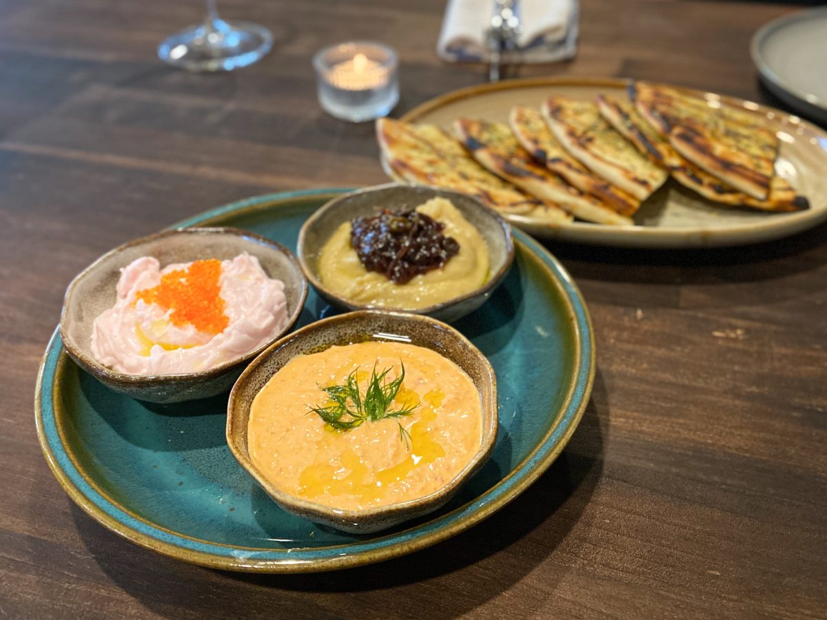 Trio of dips with flatbread.