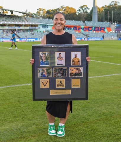 Louise Burrows acknowledge for her contribution to the women’s rugby in the ACT. Photo: Jayzie Photography.