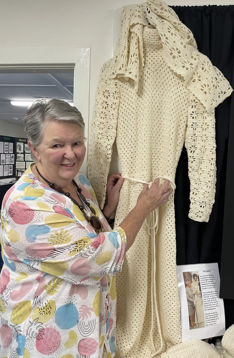 Woman with crochet wedding dress