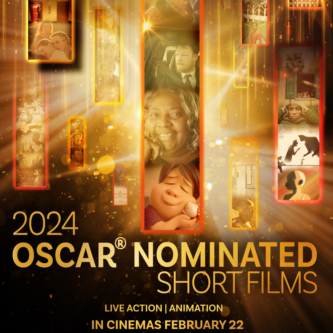 Promotional image for Oscar-nominated short films. The text reads: '2024 Oscar nominated short films, Live action | animation, In cinemas February 22