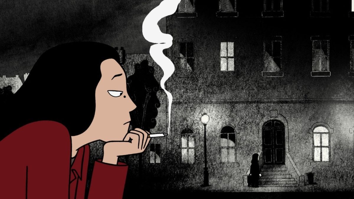 Still from the animated film Persepolis showing a woman smoking a cigarette in front of a dark building facade