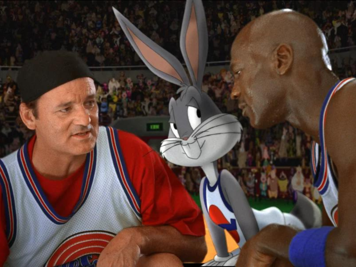 Still from the film Space Jam showing Michael Jordan with Bugs Bunny