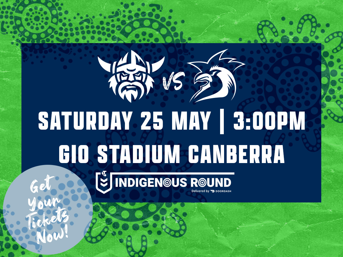Green and blue promotion image for the Raiders and Roosters Game 