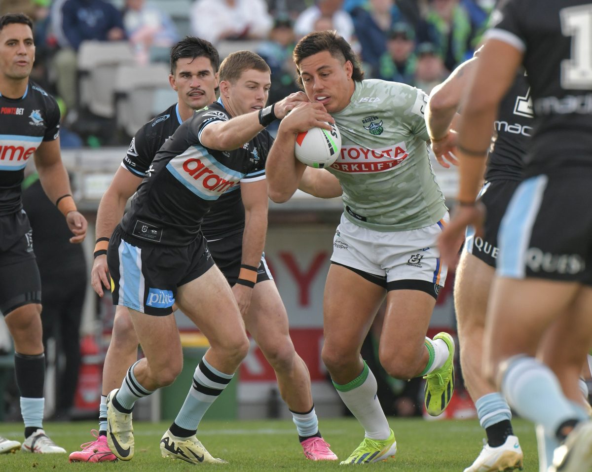 Raiders Captain, Joe Tapine carries the ball forward during the Raiders-Sharks game