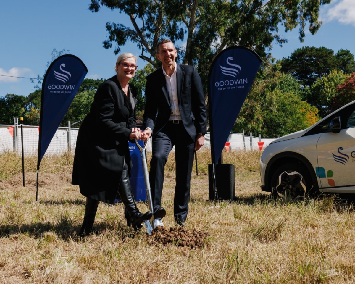Chair of the board at Goodwin Leisel Wett and Chief Executive Officer of Manteena Group Mark Bauer break ground on the Downer project