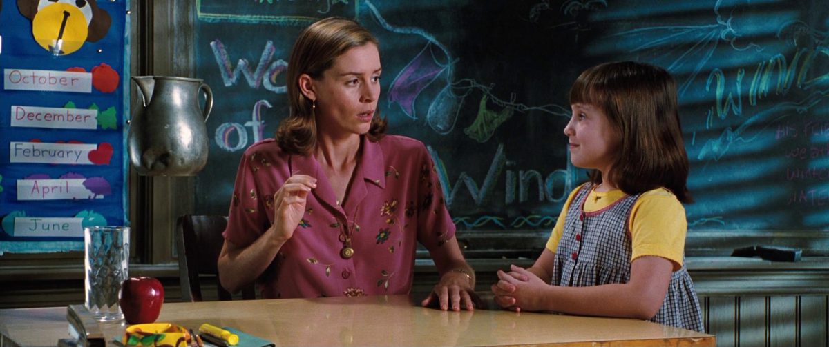 Still from Matilda showing a woman and a girl in front of a chalkboard