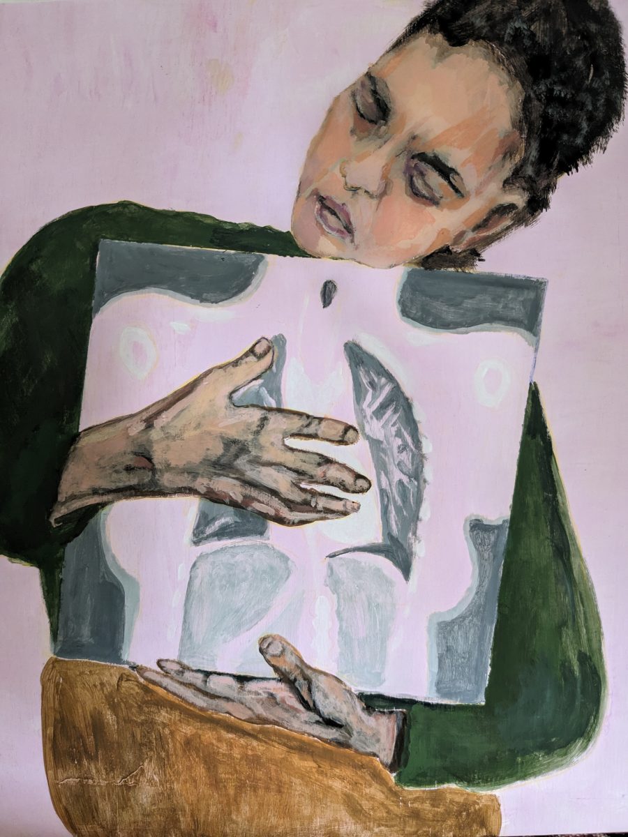 Painting of woman holding her body