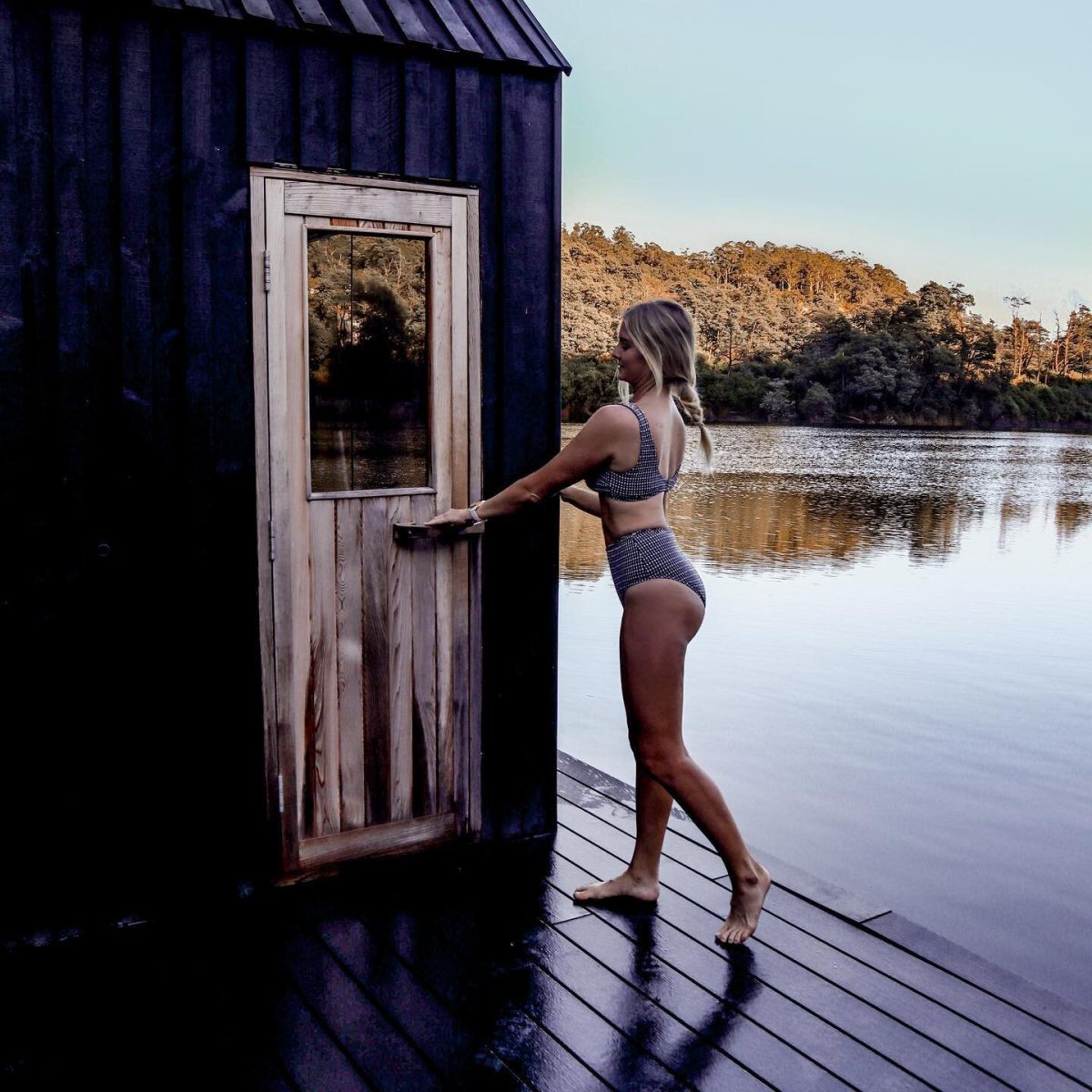 woman entering a sauna