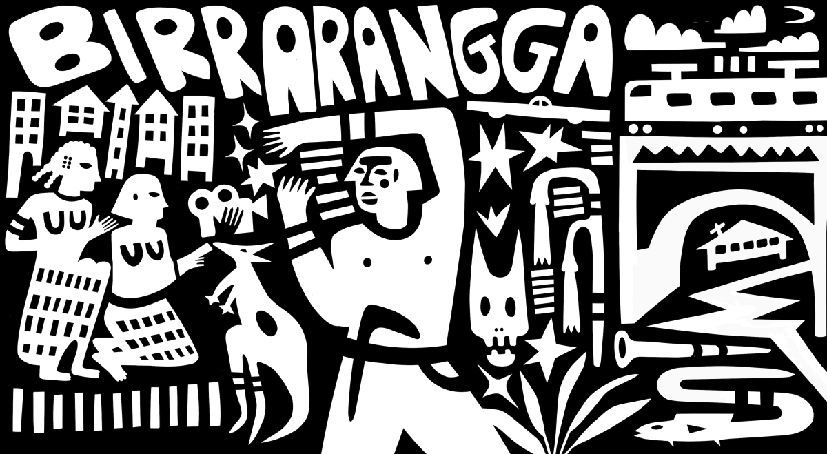 Black and white, linocut-style artwork showing figures of people and animals and the text BIRRARANGGA