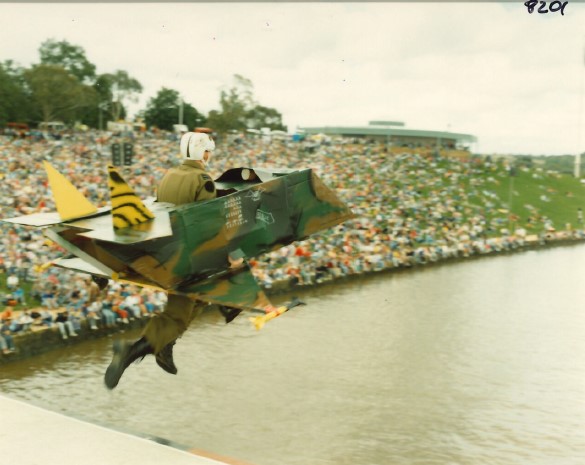 A competitor taking off in his handmade flying machine for the Birdman Rally. 