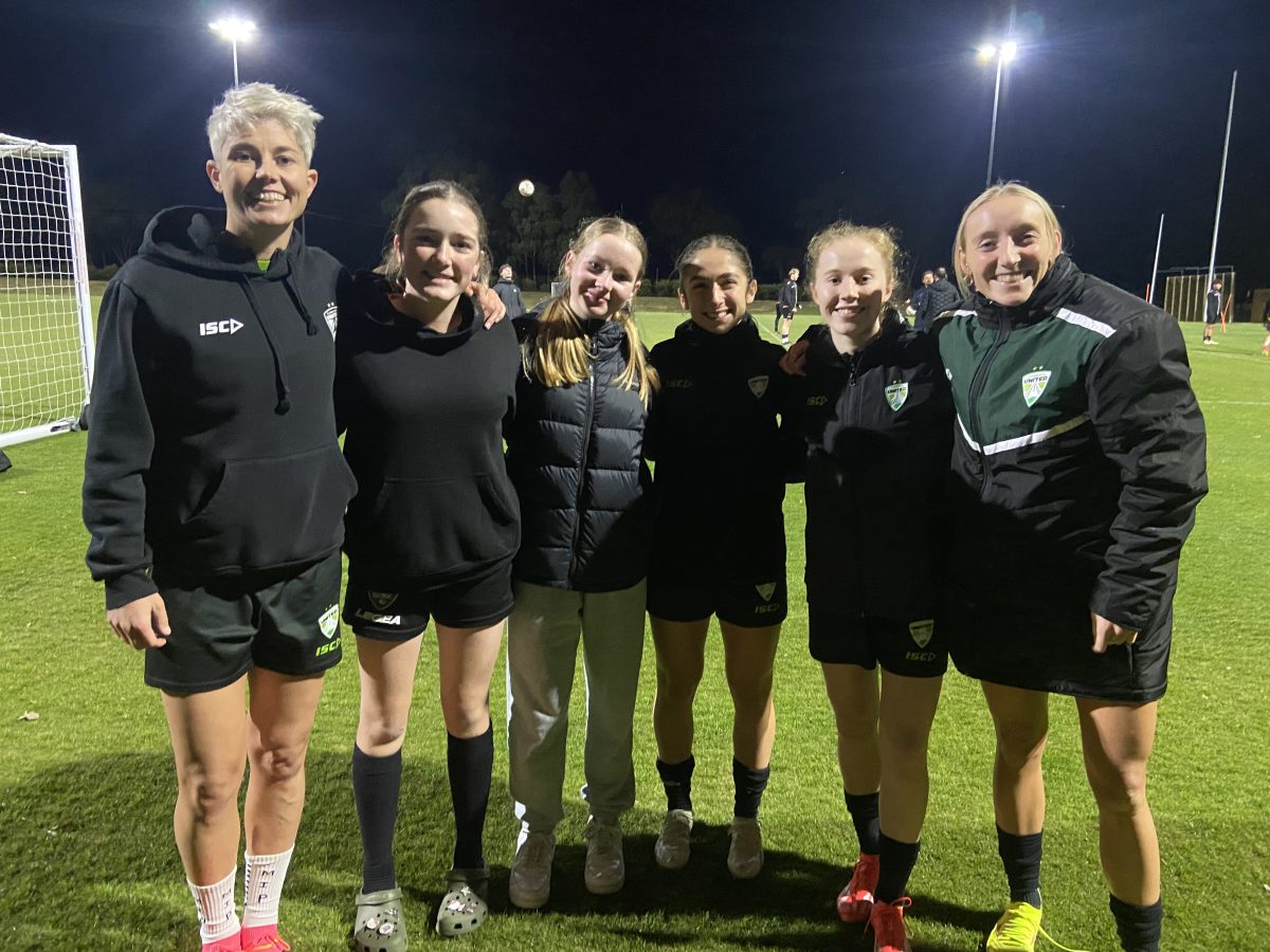 Matildas players mixing it with Tigers FC under 14 girls players. Photo: Supplied.